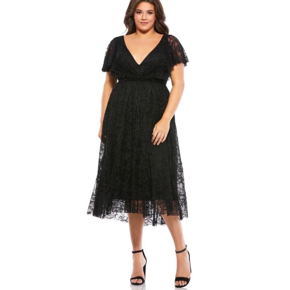 Mac Duggal Lace V-Neck Beaded Tea Length Midi‎ Cocktail Dress Black Size 14W